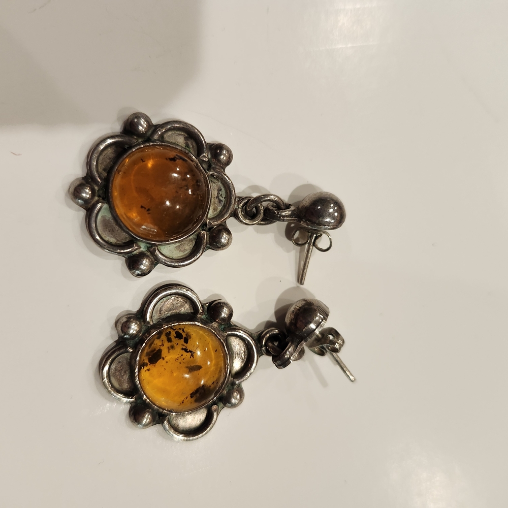 Elegant Antique Sterling Silver and Amber Earrings